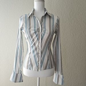 Y2K Charlotte Russe striped button up blouse with flared bottom sleeves Size M